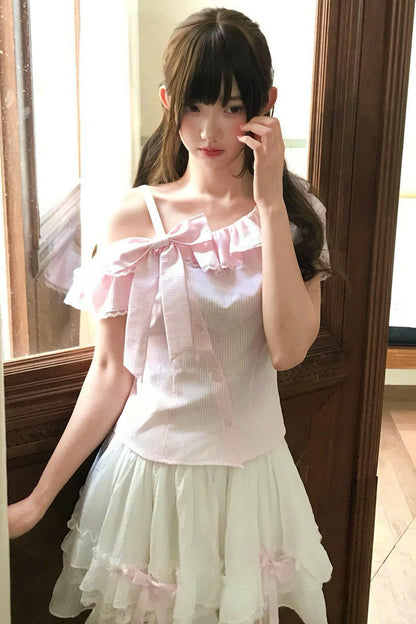 Fluffy Sweet Off-shoulder Ribbon Blouse + Skirt
