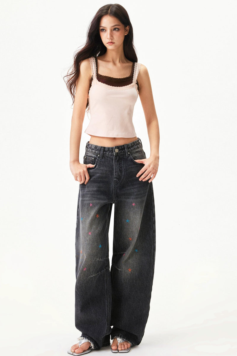 Star Print Lace Trim Tank Top