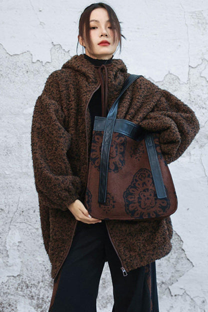 Brown Jacquard Leather Tote Bag