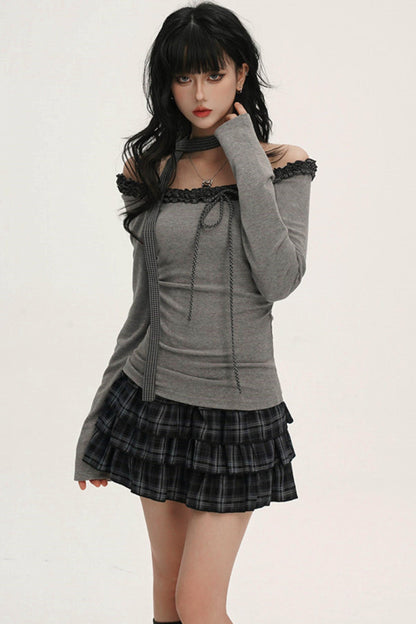 Off-shoulder Ruffle Ribbon Top (with Skinny Long Scarf)