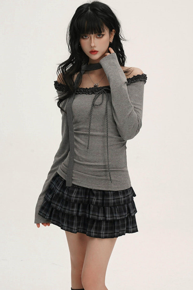 Off-shoulder Ruffle Ribbon Top (with Skinny Long Scarf)