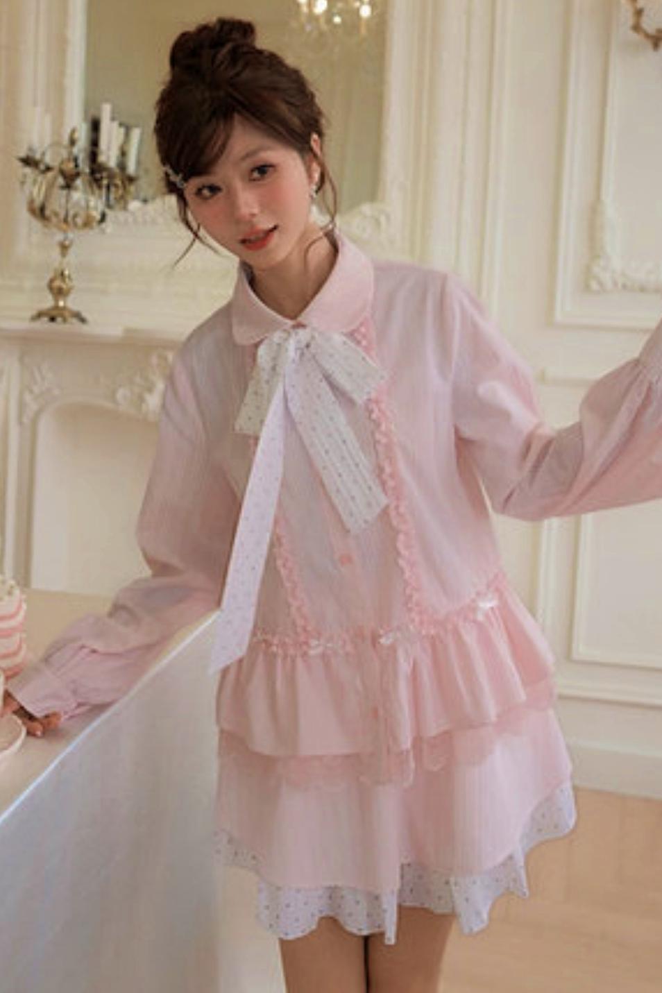 Lace Patchwork Doll Collar Blouse + Skirt