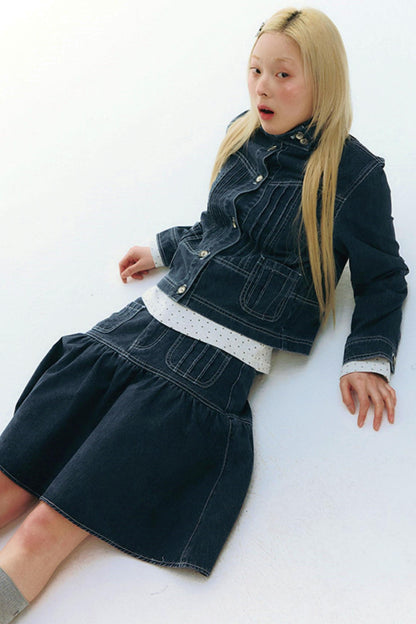 Pleated Denim Jacket + Skirt