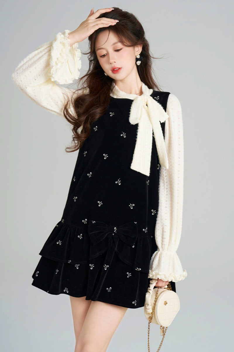 French Sweet Käbel Velvet Dress + Ribbon Neck Blouse