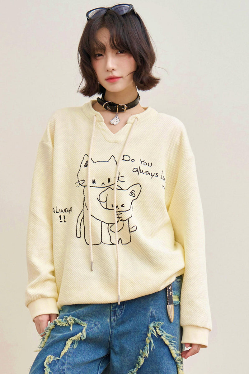 Cat Loose V Neck Sweatshirt