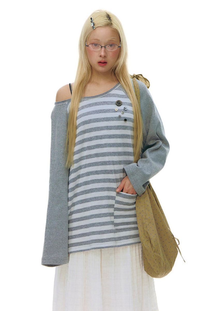 Button Striped Off-shoulder Top