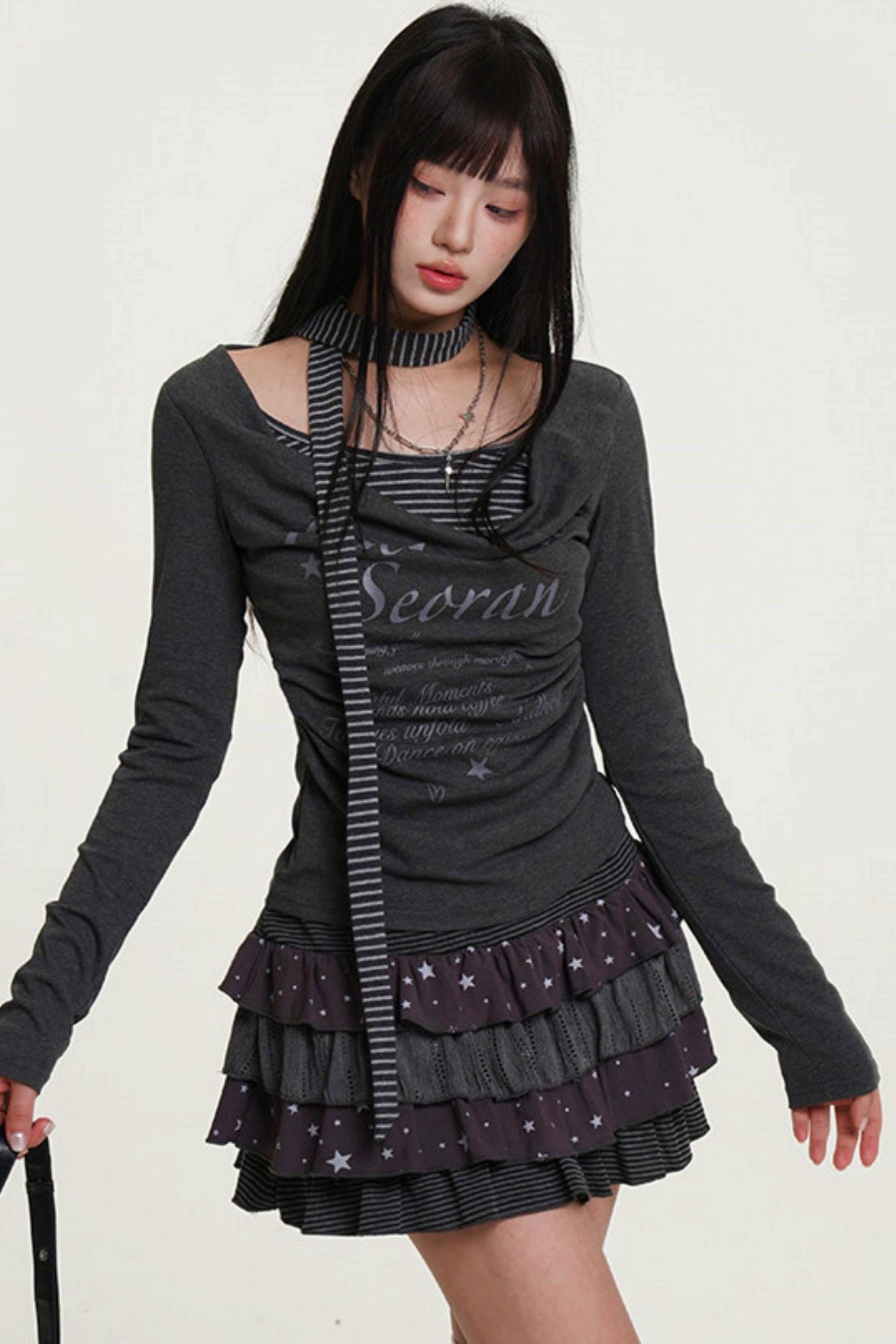 Layered Stripe Cowl Neck Fit Top (with Skinny Long Scarf)