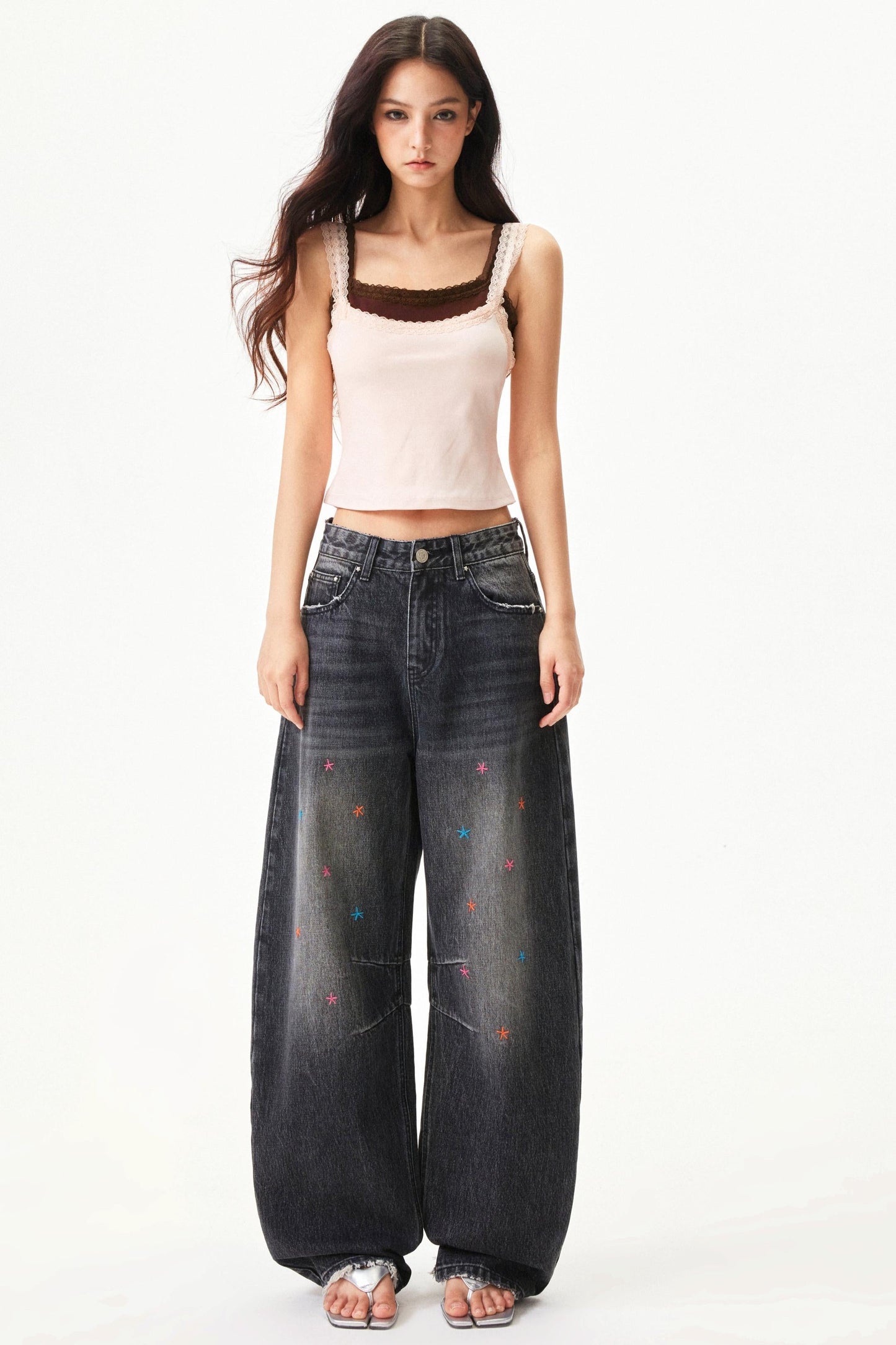 Star Print Lace Trim Tank Top