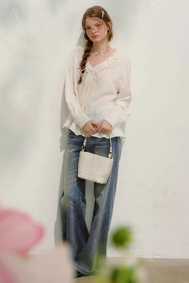 Striped Lace Sleeve Blouse