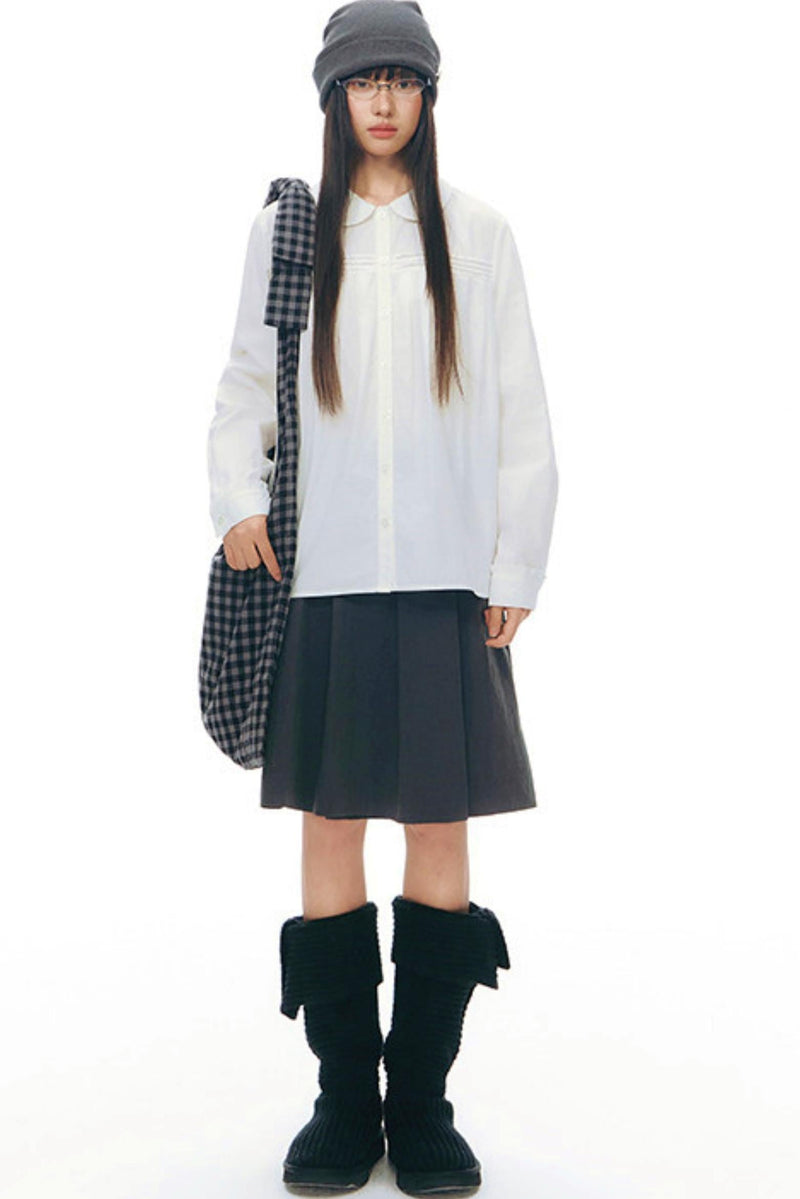 Doll Collar Pleated Cotton Blouse