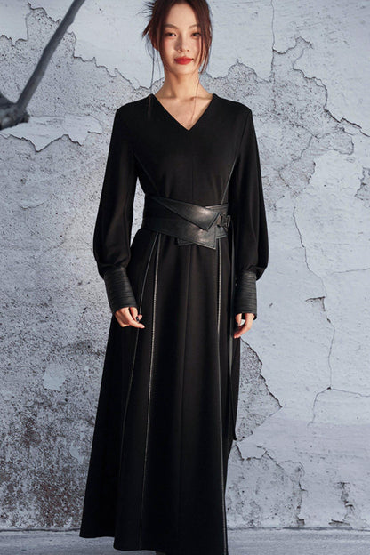 Knitted Leather Patchwork Dress