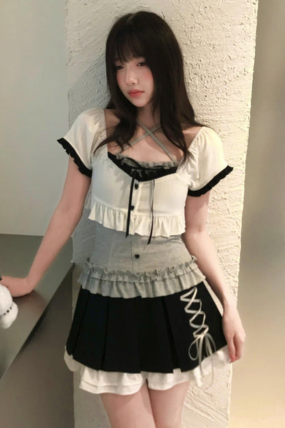 Halter Neck Cami + Lace-up Pleated Skirt + Cardigan Set