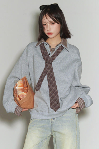 Plaid Patchwork Polo Sweatshirt