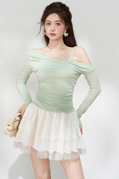 Sweet Green Off-shoulder Knit Top + Skirt