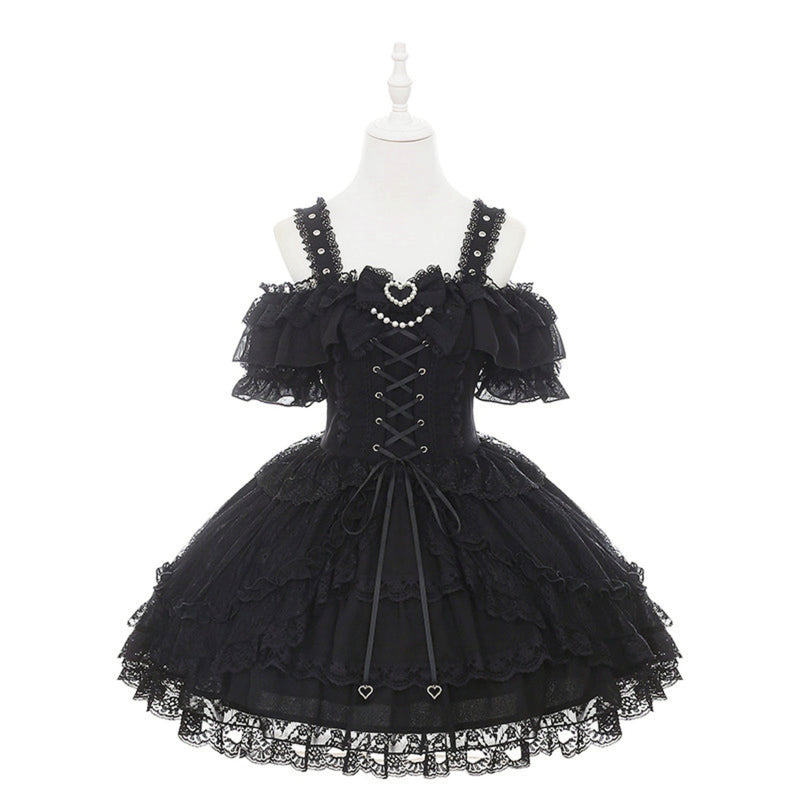 Off-shoulder Dark Kawaii Lace Dress + Neck Ring