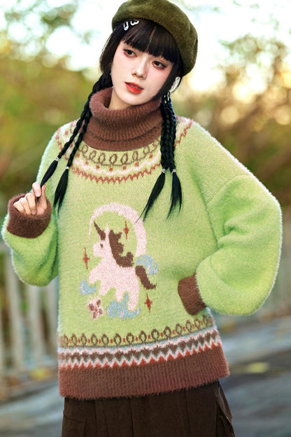 Four Pop Faux Fur Jacquard Sweater