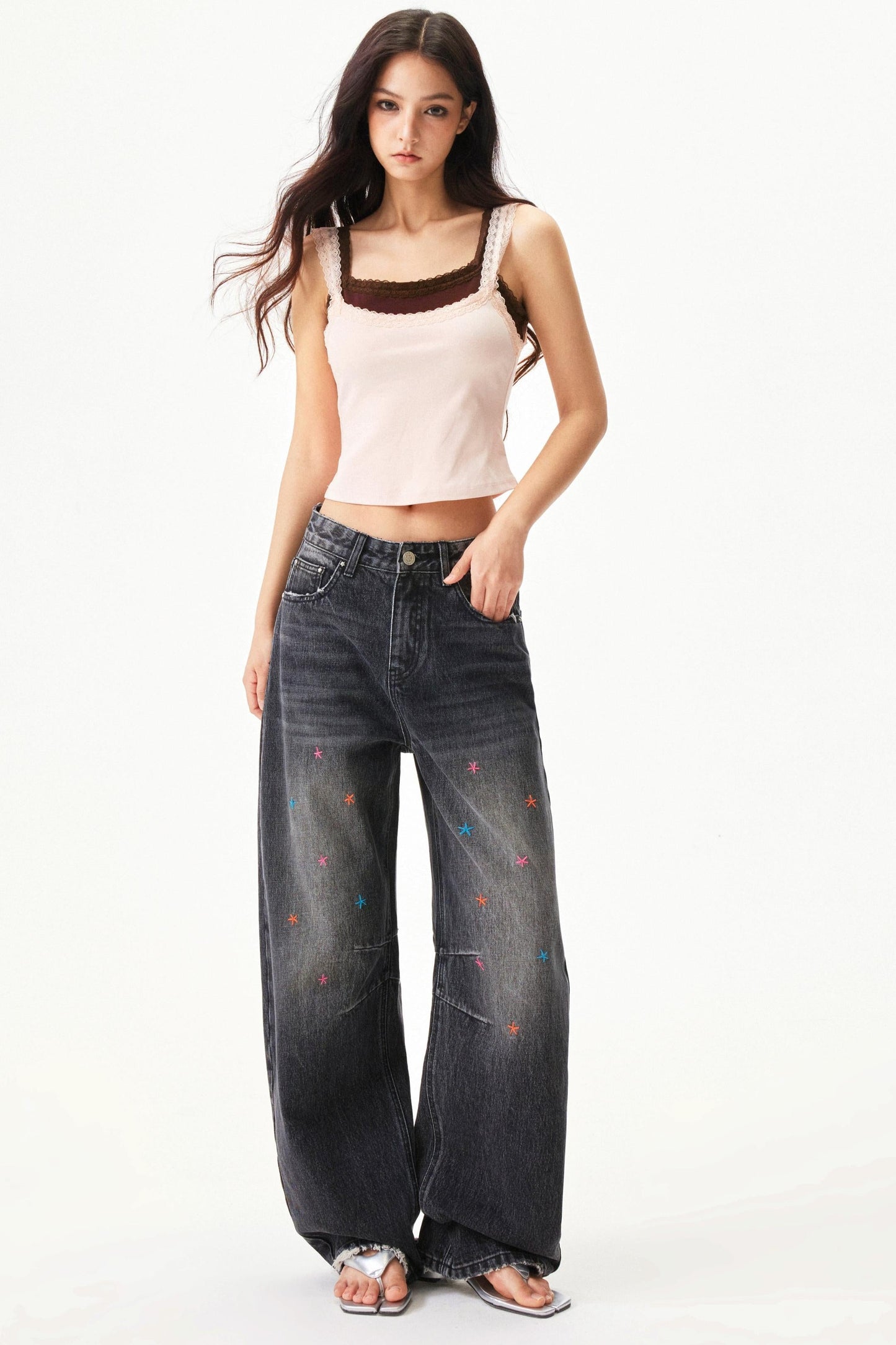 Star Print Lace Trim Tank Top