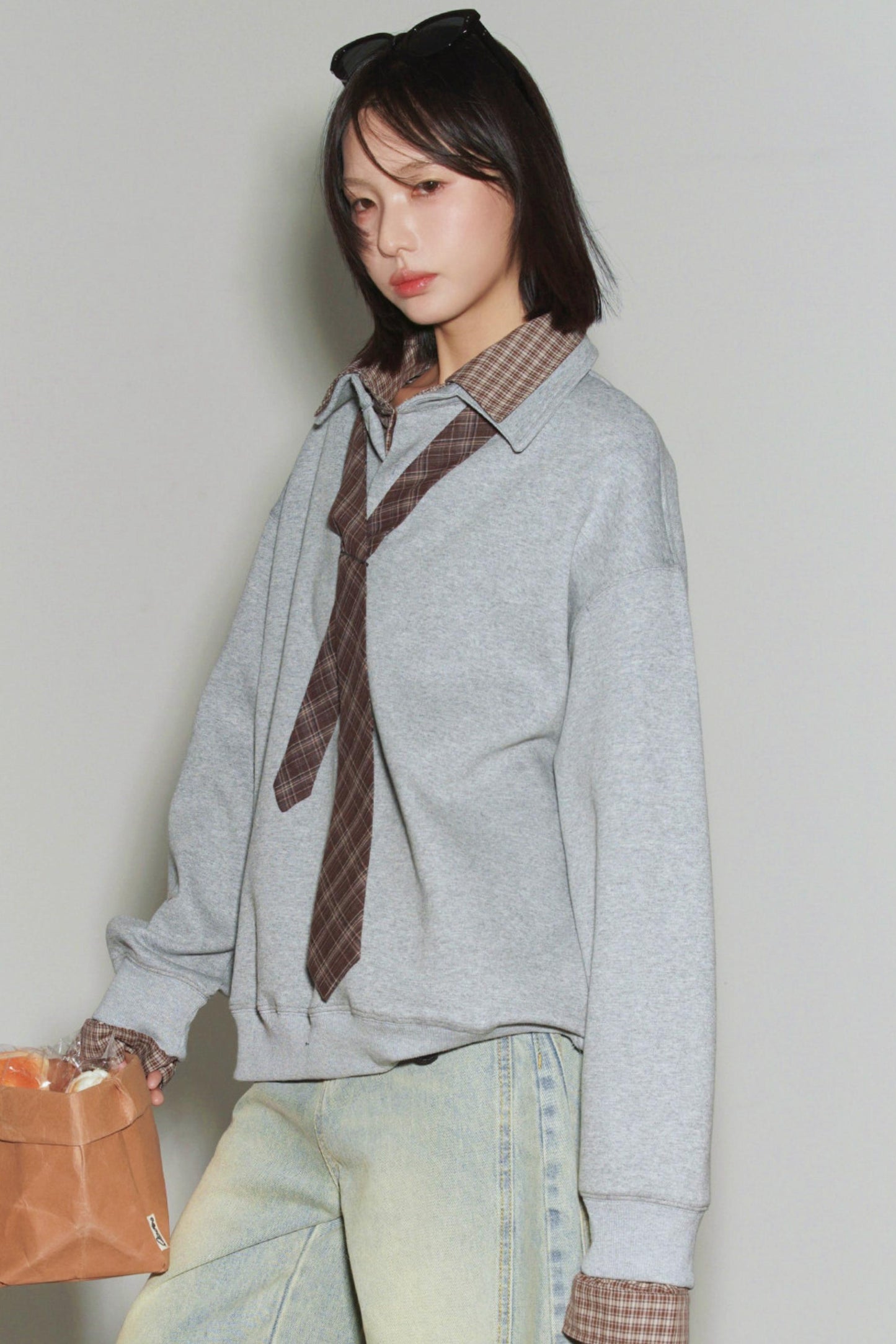 Plaid Patchwork Polo Sweatshirt