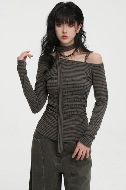 Striped One-shoulder Tie-neck Top