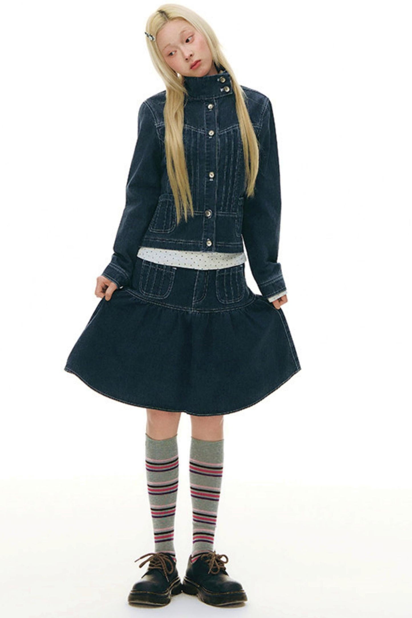 Pleated Denim Jacket + Skirt