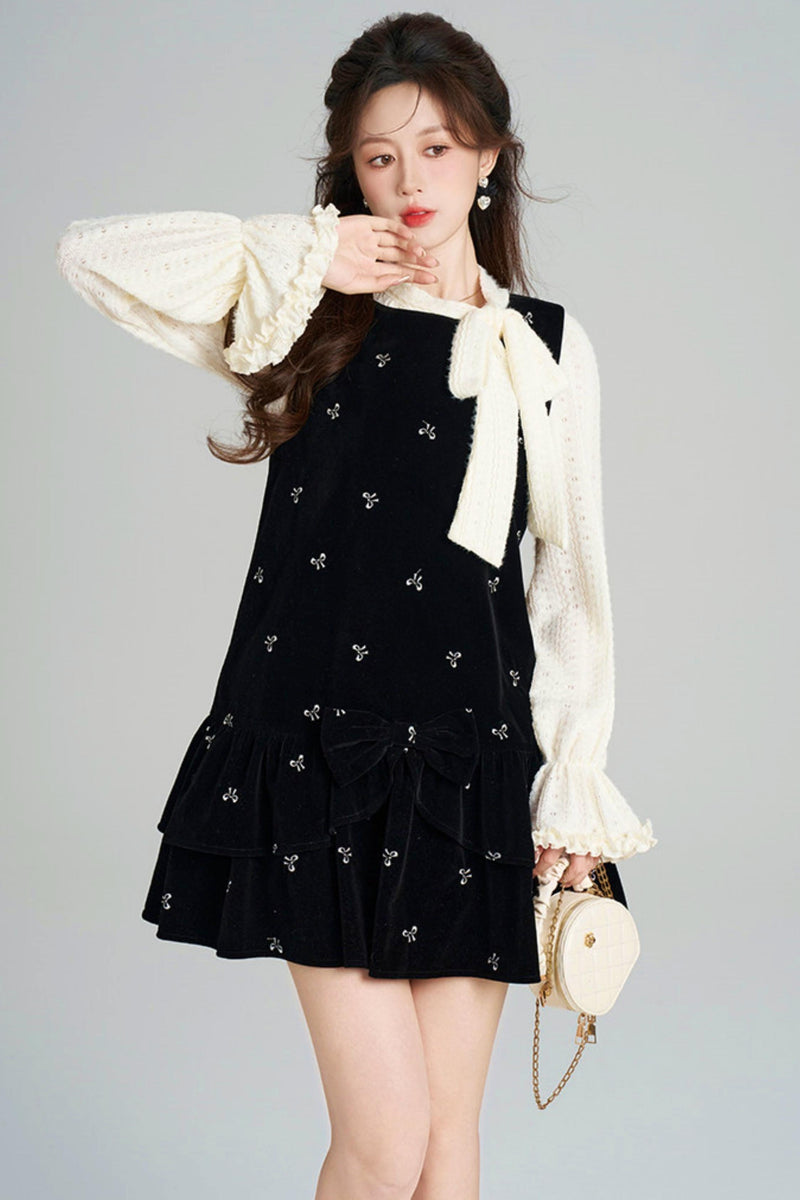 French Sweet Käbel Velvet Dress + Ribbon Neck Blouse