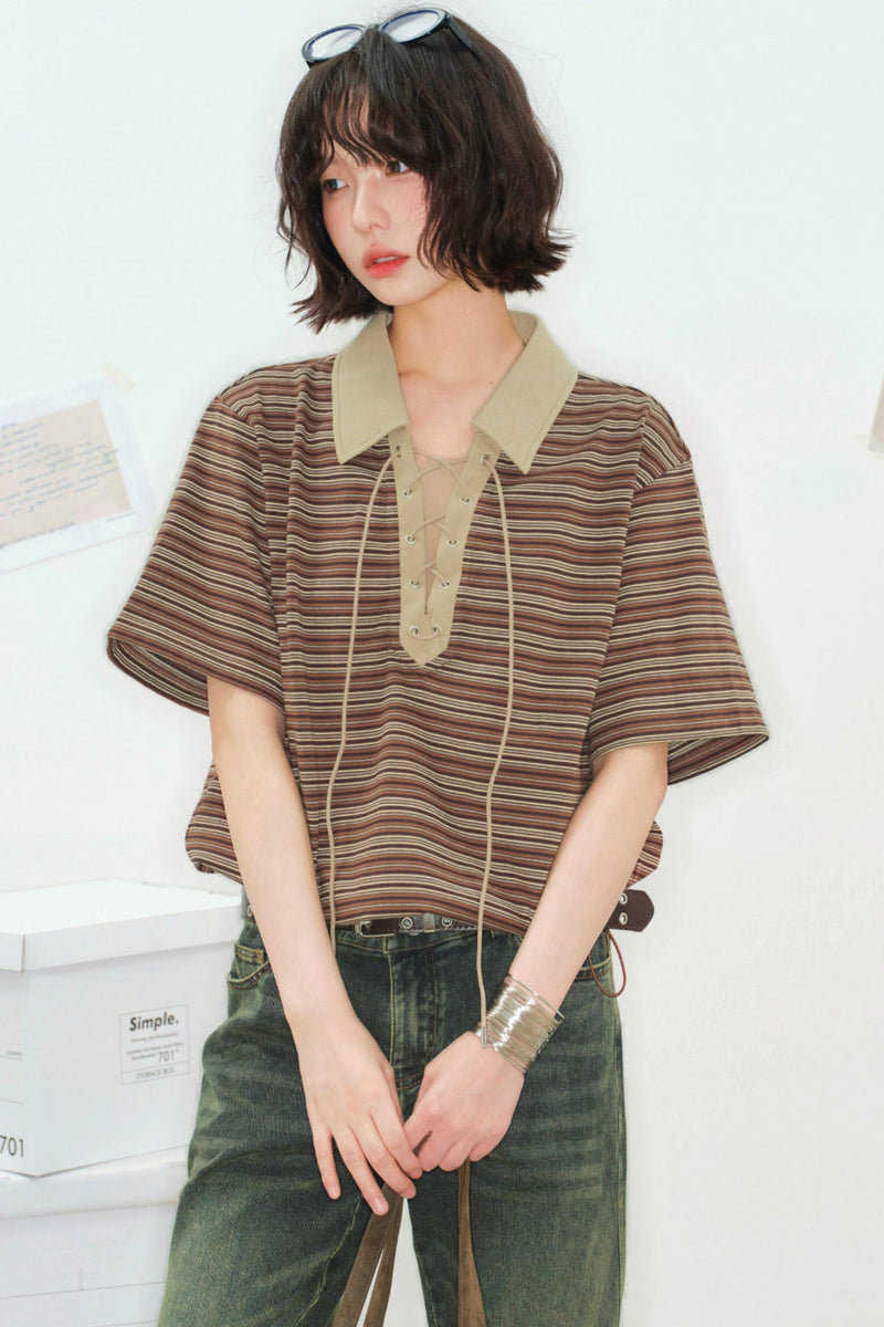 Striped Crop Polo Top