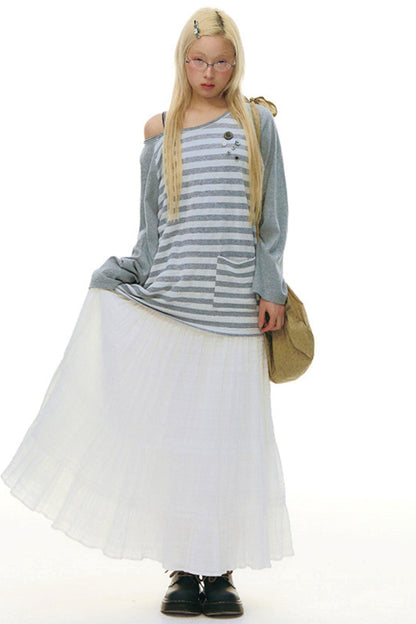 Button Striped Off-shoulder Top
