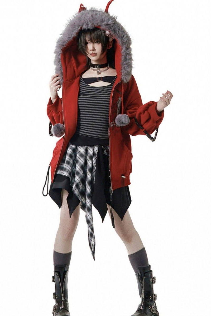 Red Fleece Jacket + Top + Skirt + Accessories