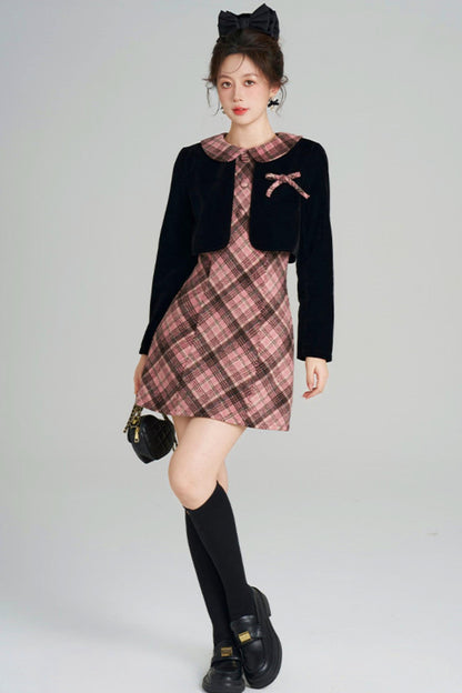 French Retro Plaid Doll Collar Dress