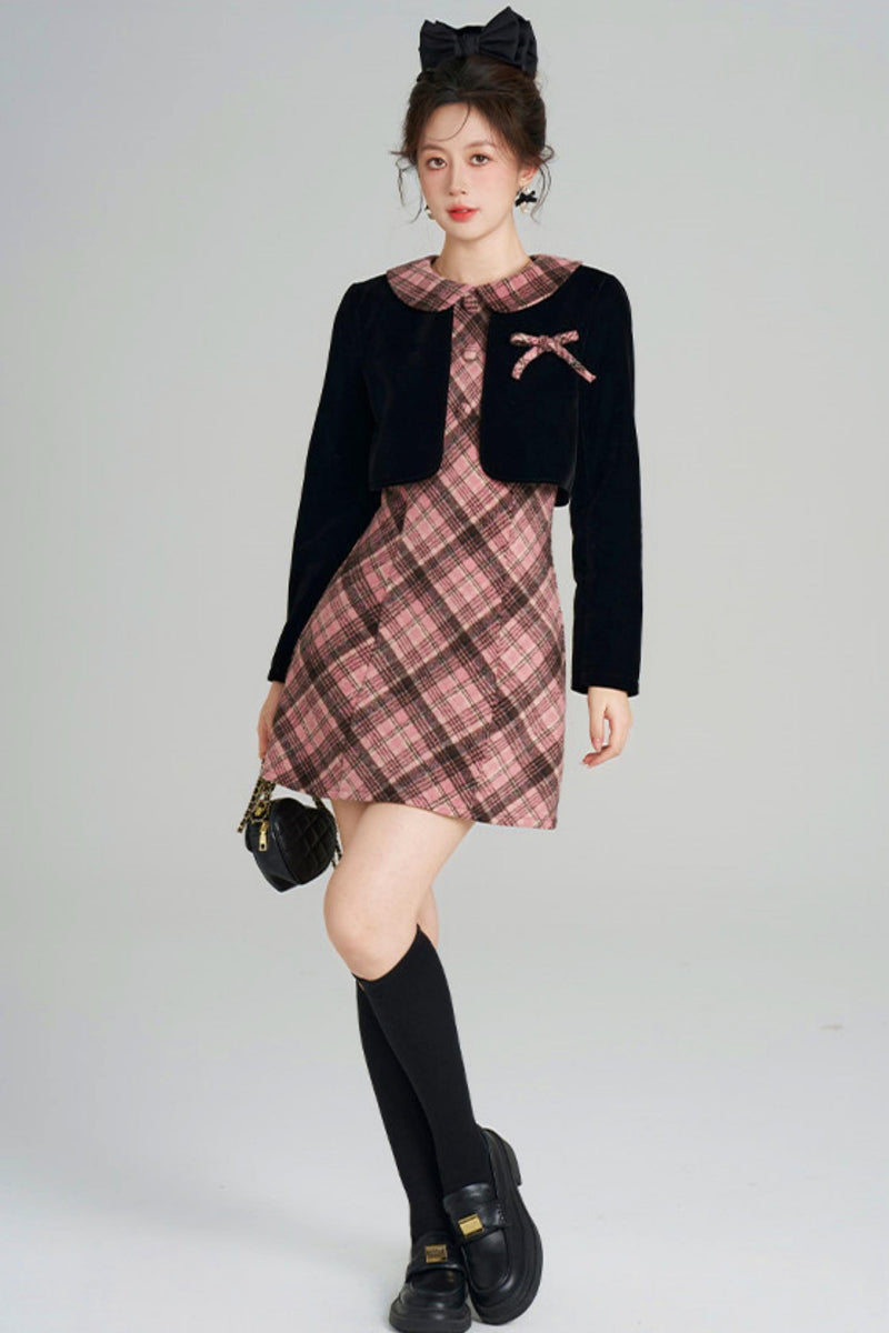 French Retro Plaid Doll Collar Dress