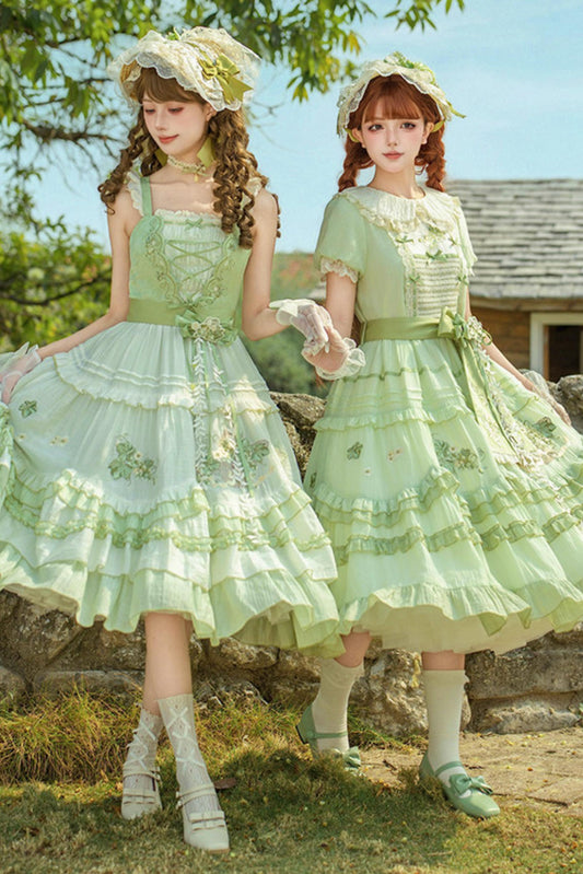 Green Embroidered Lolita One-piece Dress + Cardigan + Hat + Belt + Accessories