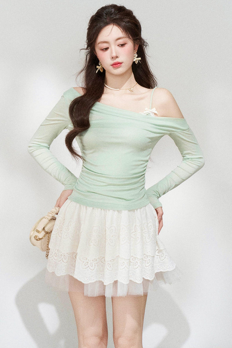 Sweet Green Off-shoulder Knit Top + Skirt
