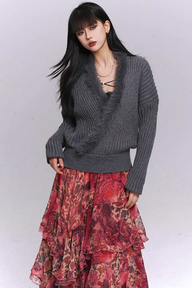 Soft Gray V-neck Knit Sweater