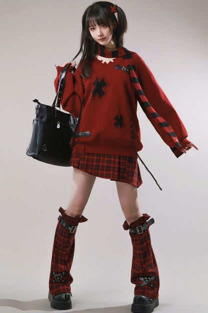 Diagonal Plaid Pleated Skirt + Leg Warmers