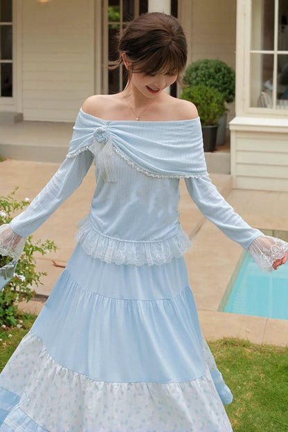 Lace Patchwork Off-shoulder Top + Long Skirt