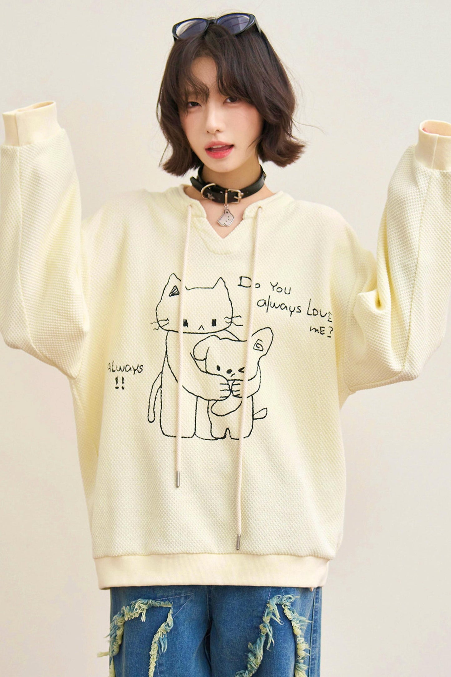 Cat Loose V Neck Sweatshirt
