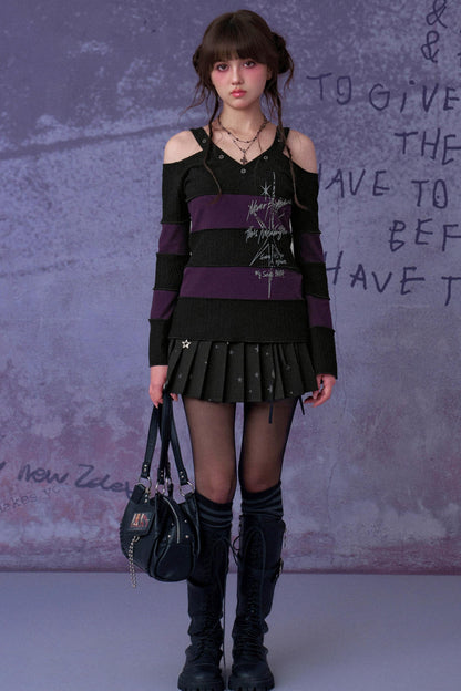 Black and Purple Off Shoulder Top