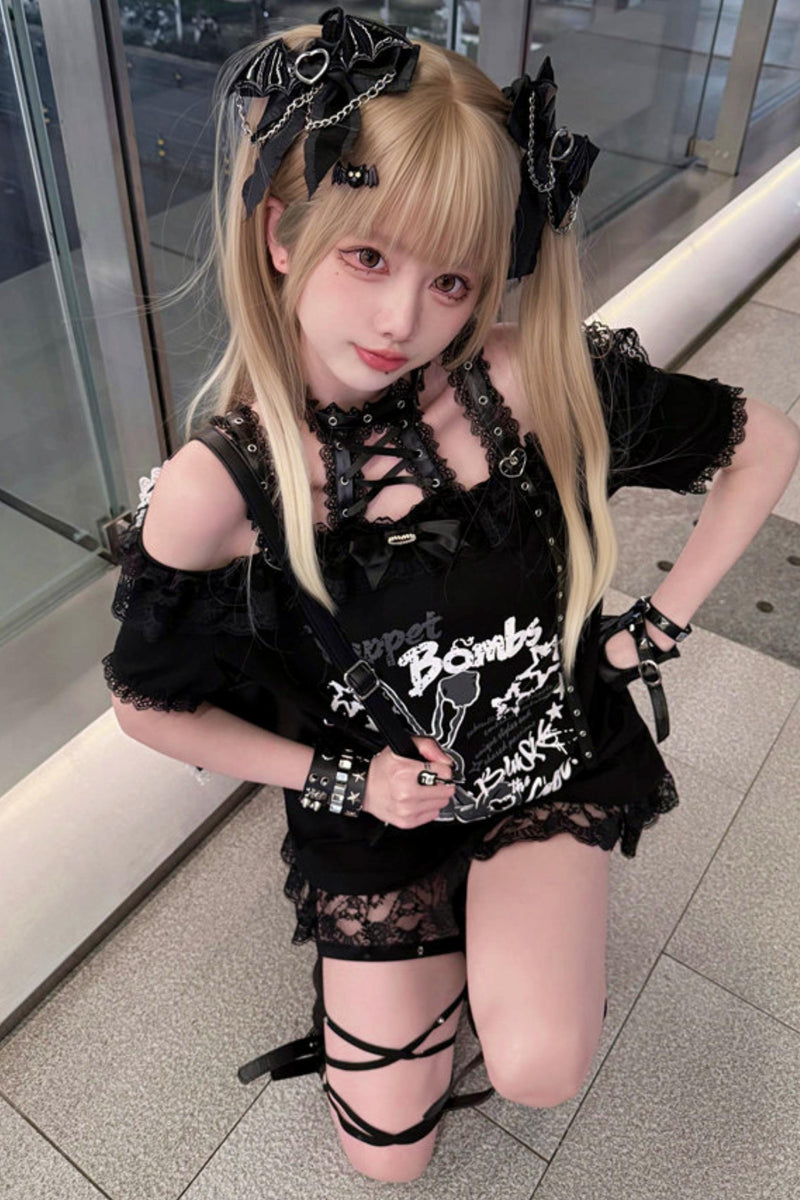Lace-up Dark Kawaii T-shirt + Skirt + Bag + Hair Accessories