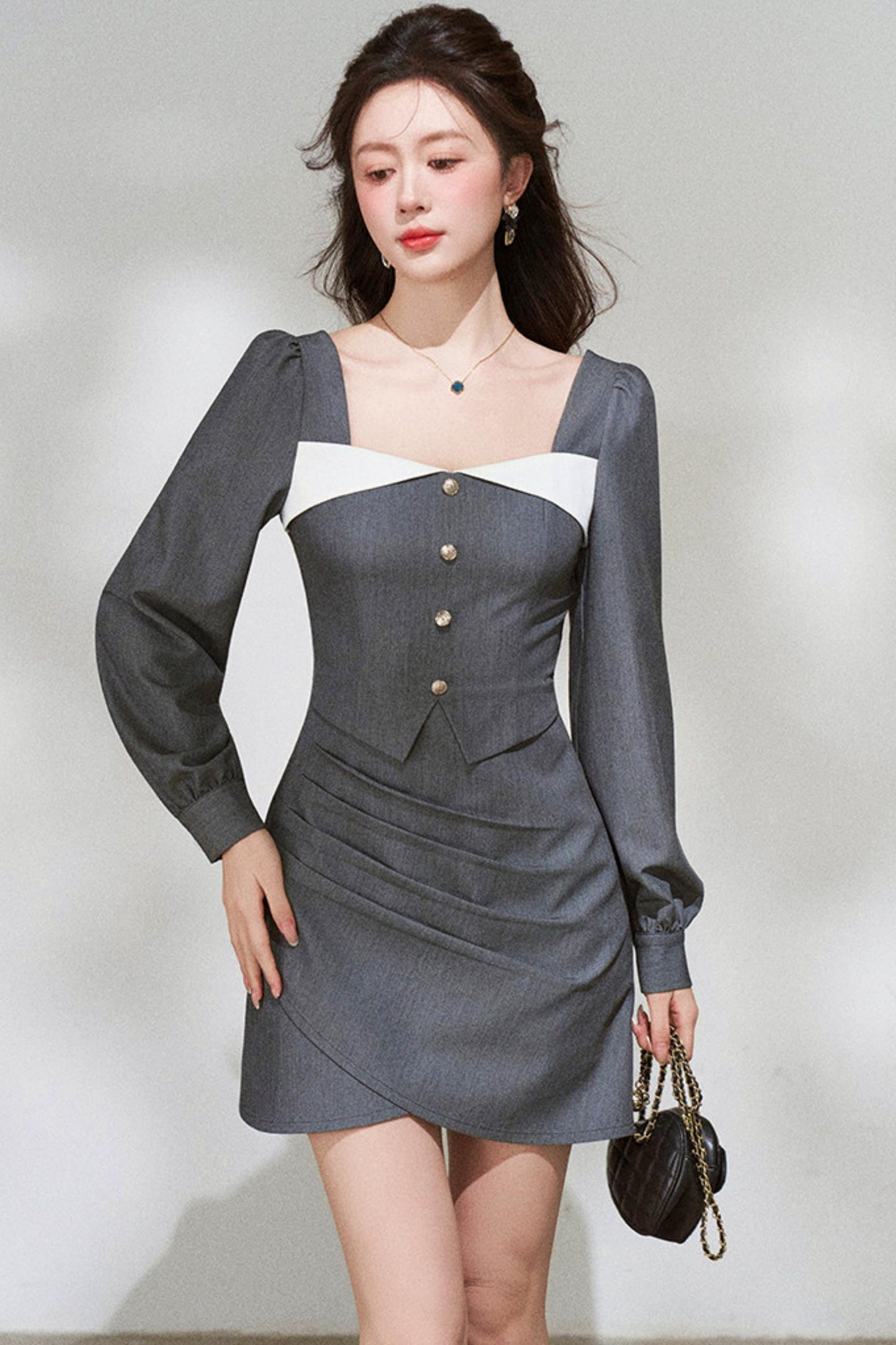 French Grey Square Neck Dress