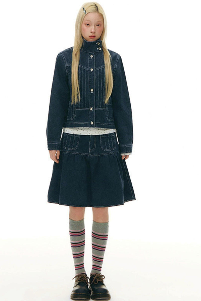 Pleated Denim Jacket + Skirt