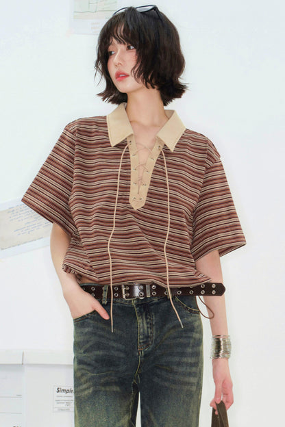 Striped Crop Polo Top