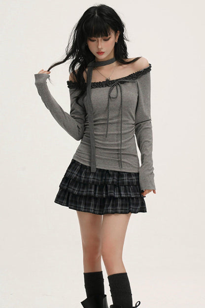 Off-shoulder Ruffle Ribbon Top (with Skinny Long Scarf)