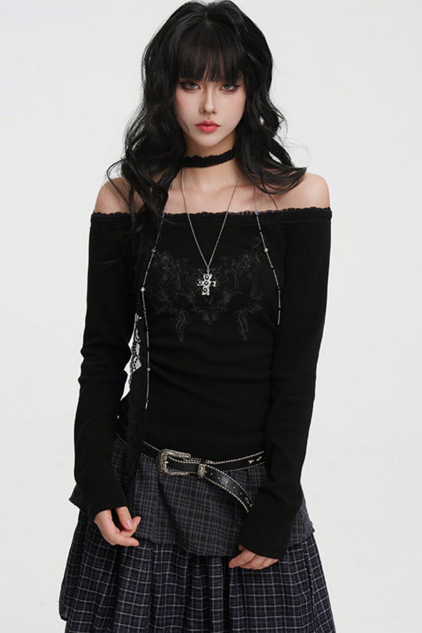 Dark Lace Off-shoulder Top (with Lace Long Scarf)