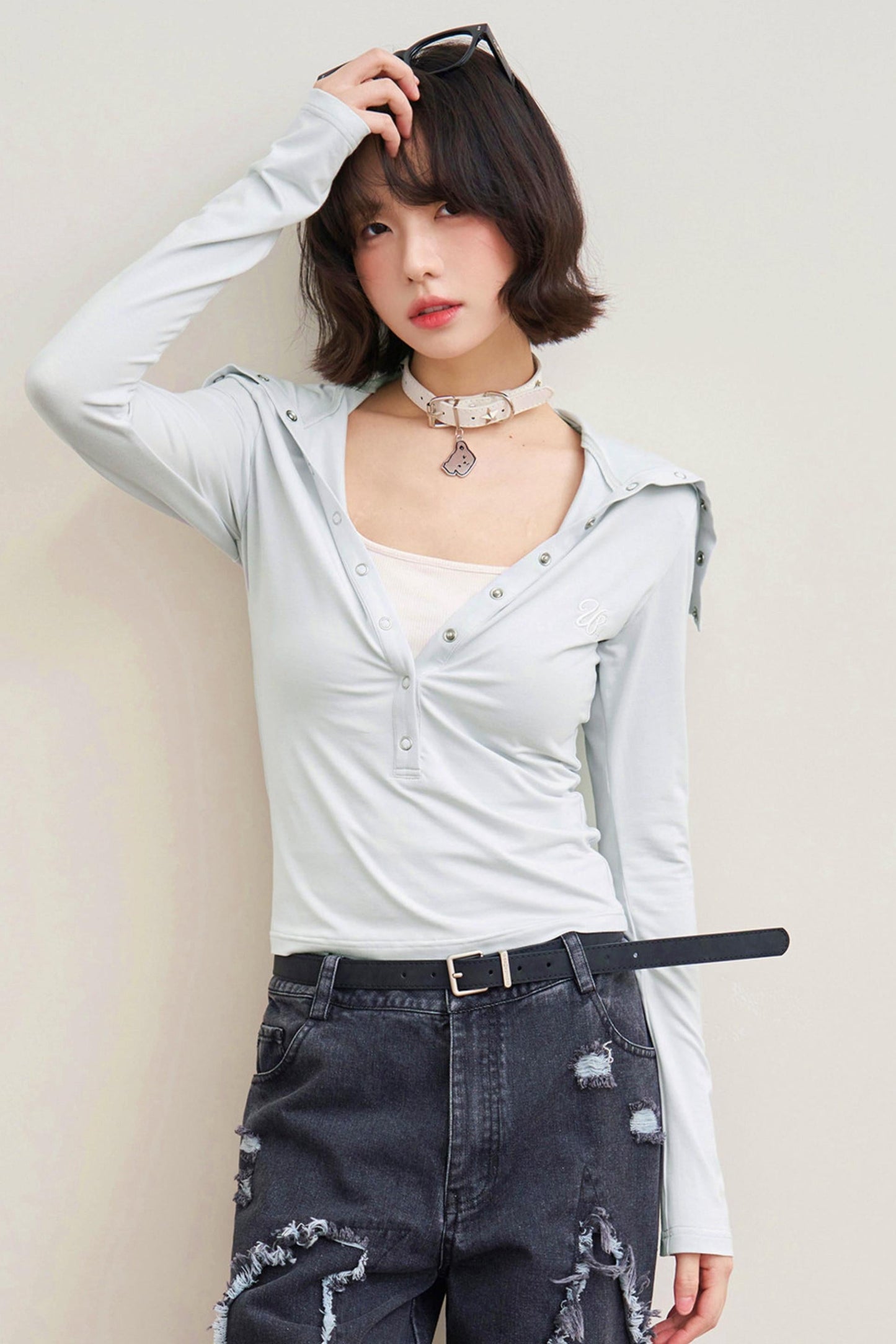 Folded Collar Cut Out Neck Top