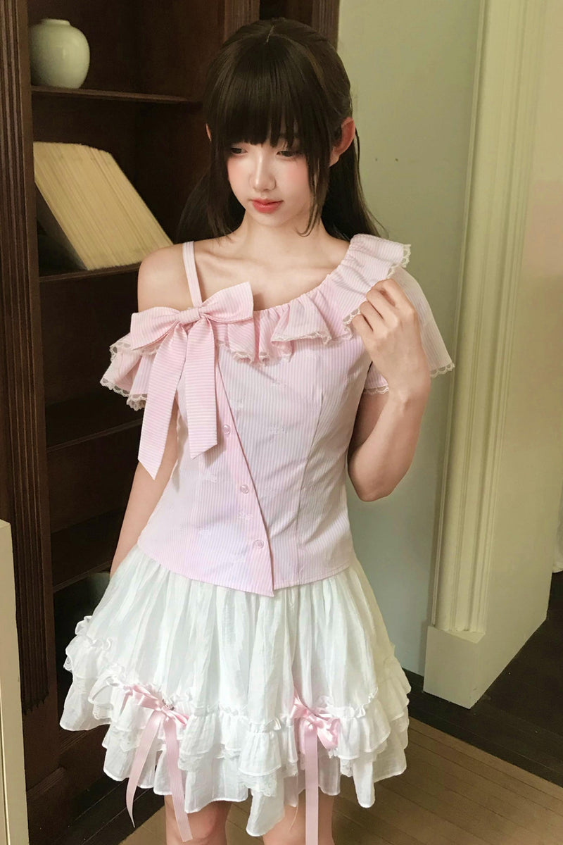 Fluffy Sweet Off-shoulder Ribbon Blouse + Skirt