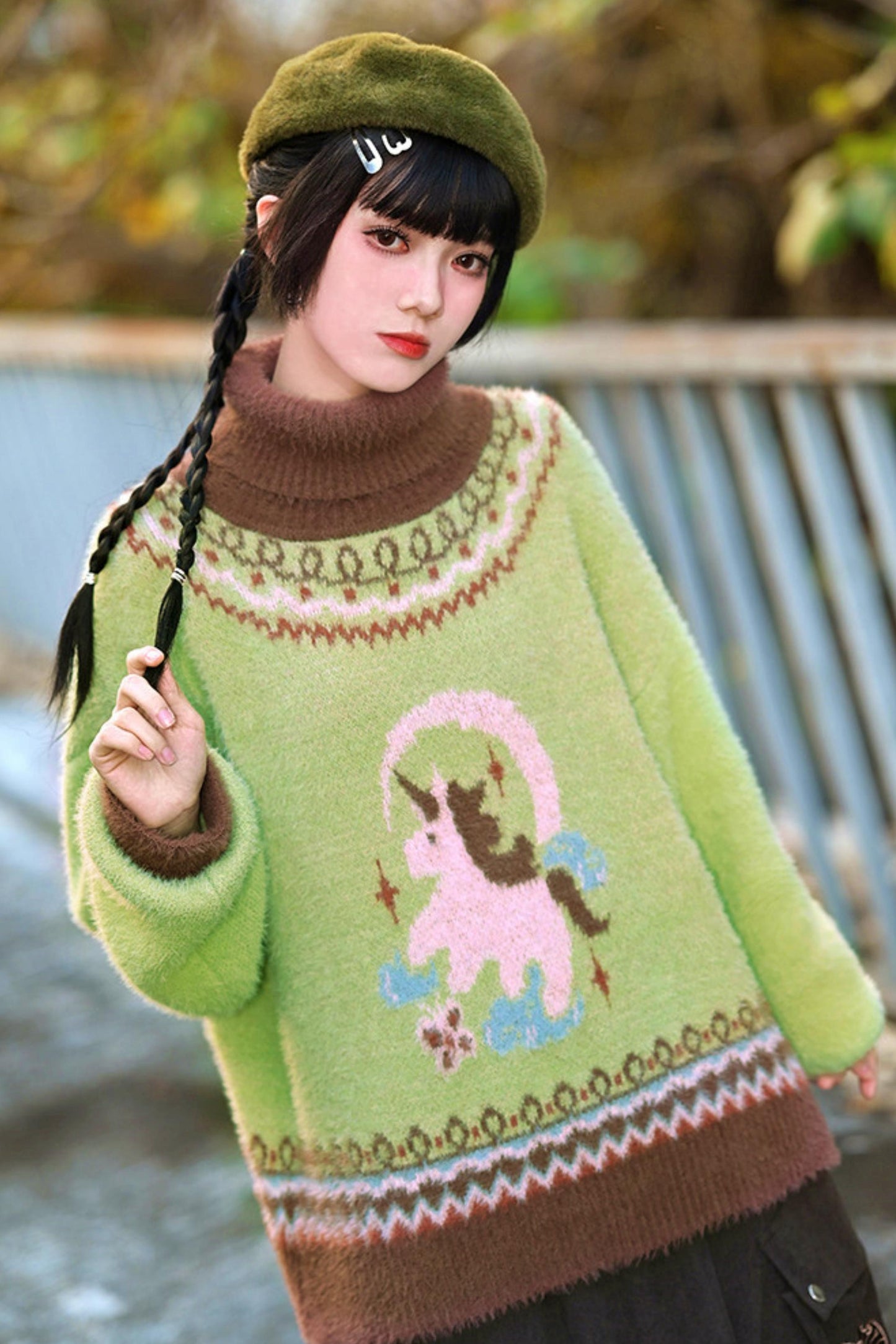 Four Pop Faux Fur Jacquard Sweater