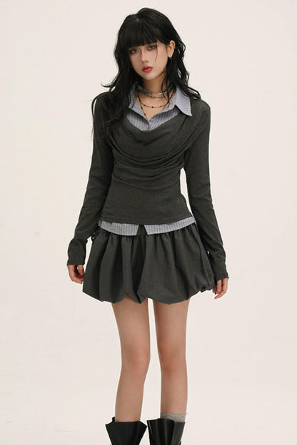 Drape Cowl Neck Layered Shirt