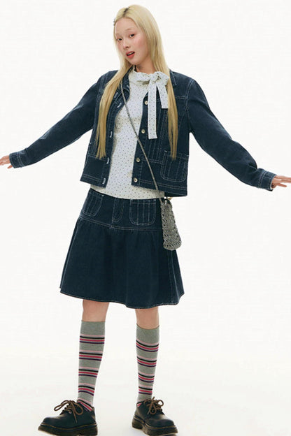 Pleated Denim Jacket + Skirt