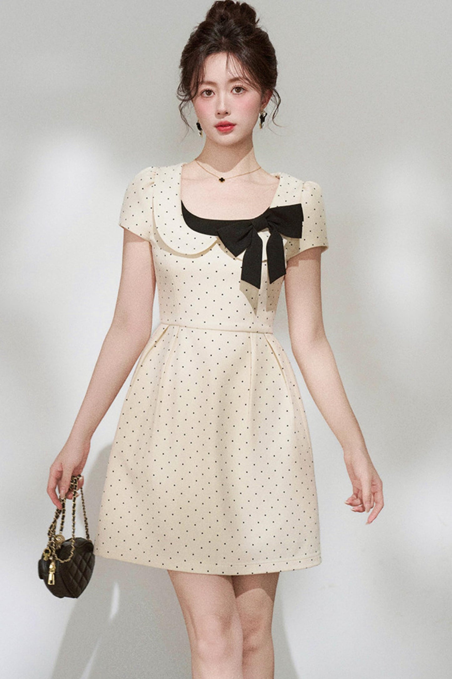 French Girly Ribbon Polka Dot Dress
