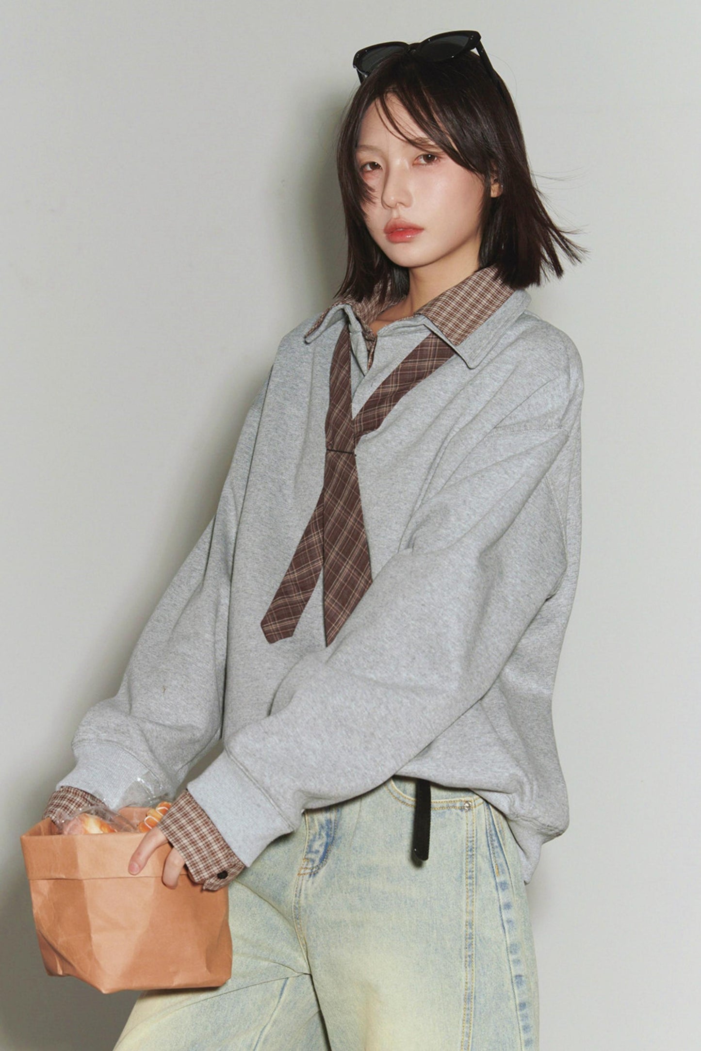 Plaid Patchwork Polo Sweatshirt